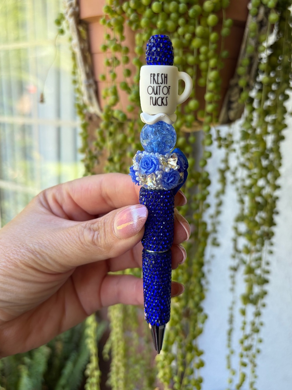 Blue Decorative Crystal Ballpoint Pen - Fresh Out Of Fucks Accent